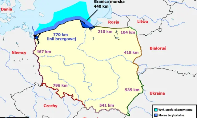 Mapa Polski z zaznaczonymi granicami i długościami. Ile Polska ma kilometrów? Linia brzegowa 770 km, granica morska 440 km.