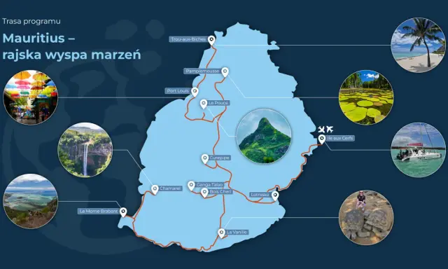 Mapa pokazuje, gdzie leży Mauritius, z zaznaczonymi atrakcjami: plaże, wodospady, jeziora, góry i żółwie.