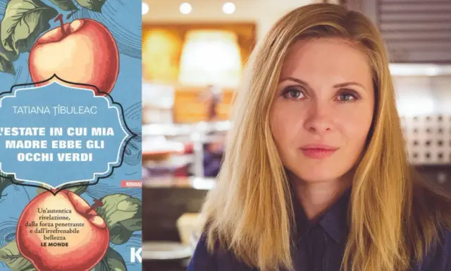 Copertina del libro "L'estate in cui mia madre ebbe gli occhi verdi" di Tatiana Țîbuleac, accanto a un ritratto dell'autrice.