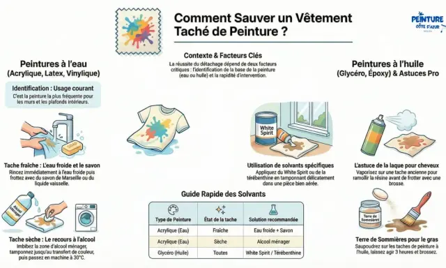 Guide pour comment enlever de la peinture sur un vêtement : eau froide et savon pour les taches fraîches, alcool ménager pour les sèches, et White Spirit pour les peintures à l'huile.
