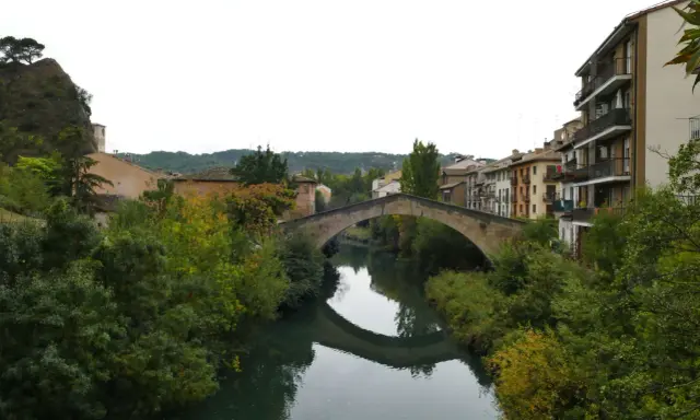 El puente de la cárcel de Estella cruza un río sereno, reflejando su arco de piedra entre frondosa vegetación y edificios históricos.