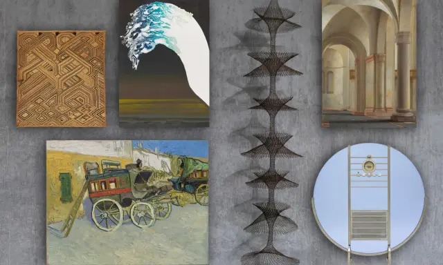 A curated selection from the David Geffen art collection, featuring diverse artworks including a woven textile, abstract paintings, a classical architectural scene, and a unique wire sculpture.