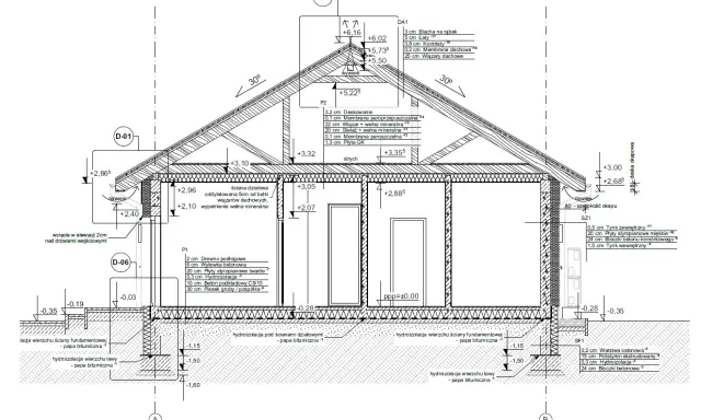 Przekrój budynku z detalami konstrukcyjnymi, uwzględniający projekt architektoniczno budowlany.