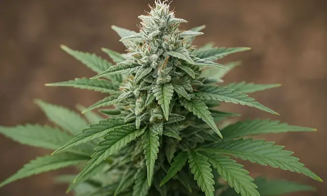 Kwiatostan odmiany White Widow, pokryty białym, krystalicznym oszronieniem, otoczony zielonymi liśćmi.