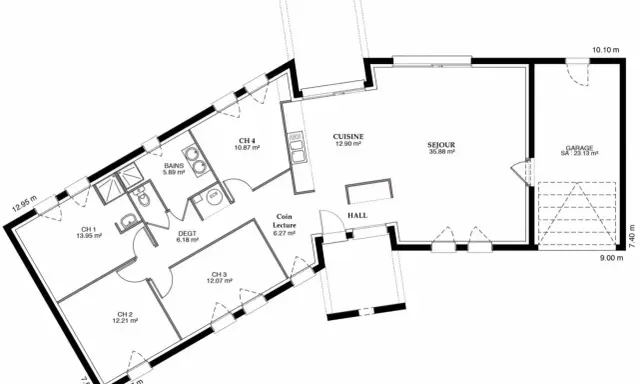 Plan maison 130m2 : 4 chambres, grand séjour, cuisine, salle de bain, WC, coin lecture et garage.