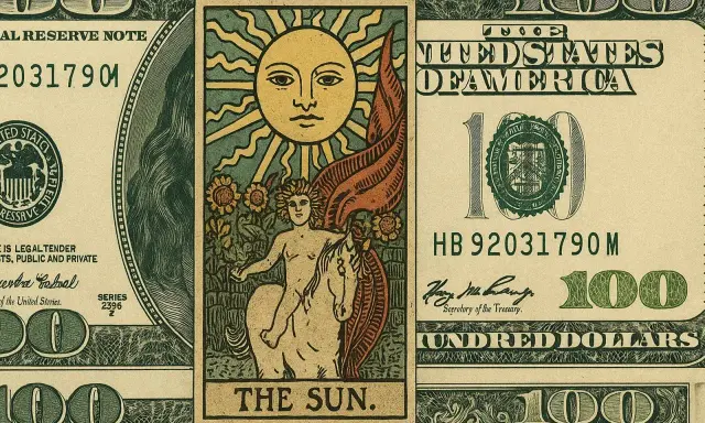 Karta tarota "Słońce" na tle banknotu 100 dolarów. Symbolizuje bogactwo i sukces, jak karta 10 monet.