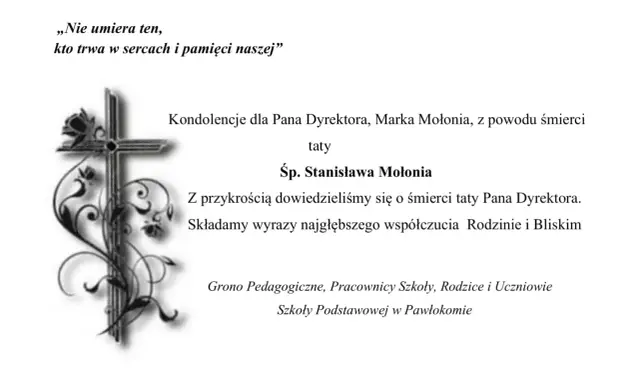 Kondolencje z powodu śmierci taty Pana Dyrektora, Marka Mołonia. Z przykrością składamy wyrazy współczucia Rodzinie i Bliskim.