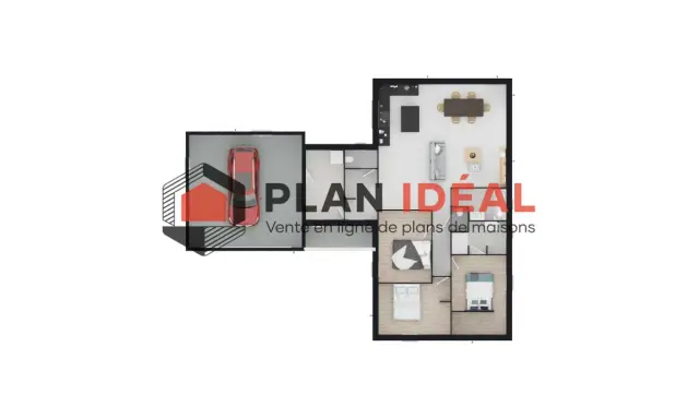 Plan maison senior : vue aérienne d'une maison avec garage, salon, salle à manger, cuisine et chambres.