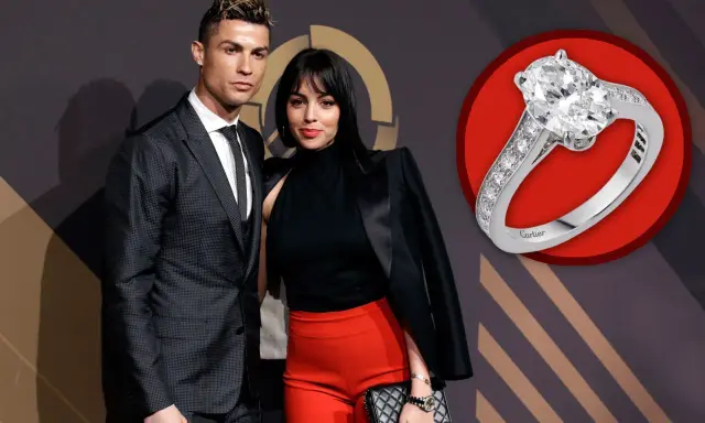 Cristiano Ronaldo y Georgina Rodríguez posan juntos, con un deslumbrante anillo Georgina destacando en primer plano.