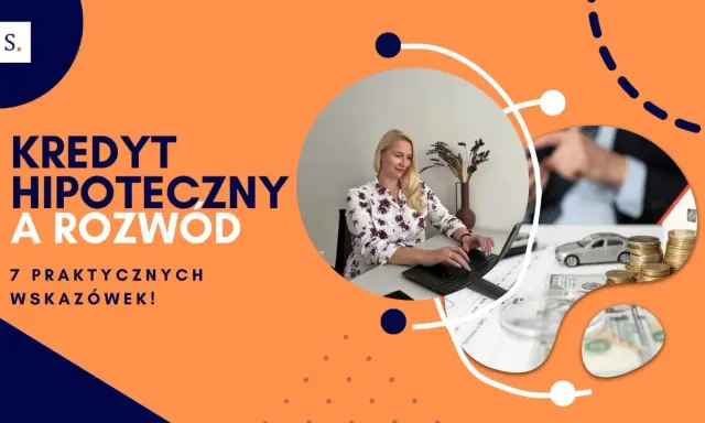 Kredyt hipoteczny a rozstanie: kobieta pracuje przy laptopie, obok monety, model domu i samochodu. 7 praktycznych wskazówek.