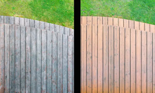 Comparaison avant/après d'un entretien terrasse bois : une moitié grisonnante et patinée, l'autre ravivée et chaleureuse.