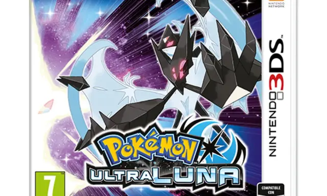 Caja del juego Pokémon Ultraluna para Nintendo 3DS, con Necrozma y Lunala en un fondo estrellado. ¡Una aventura épica te espera!
