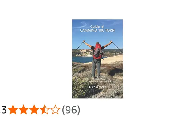Copertina libro "Guida al Cammino 100 Torri", con escursionista che guarda il mare.