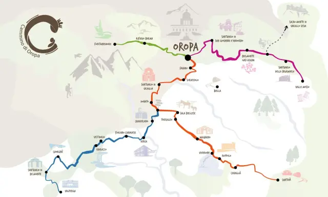Mappa illustrata del Cammino di Oropa, un percorso tra santuari e borghi in Italia, con sentieri colorati che attraversano montagne e valli.