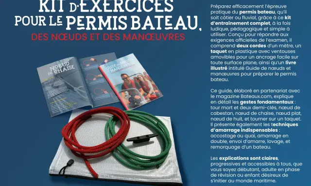 Kit pour permis bateau : deux cordes, un taquet et un guide illustré sur les nœuds marins et manœuvres.