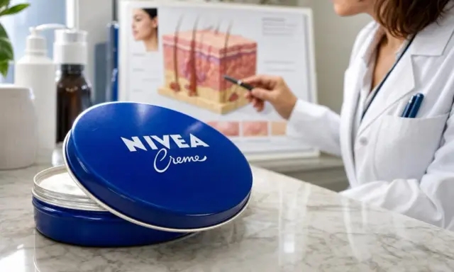 Boîte de crème Nivea bleue ouverte, avec une experte expliquant les bienfaits de la crème sur la peau.