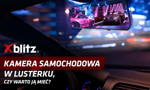 Kamera samochodowa w lusterku bocznym pokazuje nocną jazdę z neonowymi światłami miasta i tuningowanymi autami. Czy warto ją mieć?