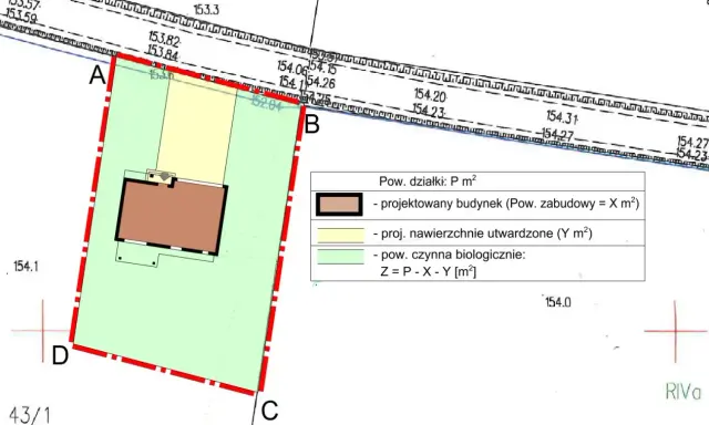 Wypełniony wniosek o warunki zabudowy z zaznaczonym projektowanym budynkiem, nawierzchniami i obszarem biologicznie czynnym na mapie działki.