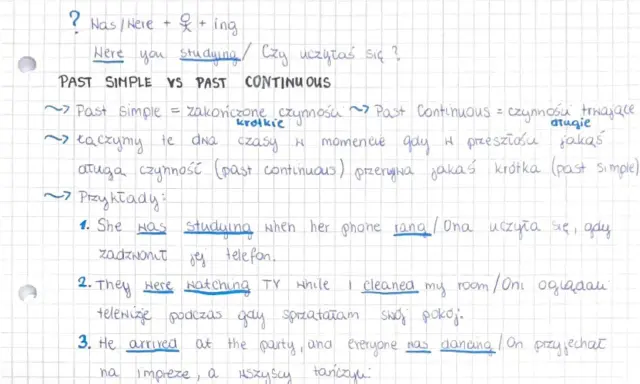 Notatki o czasach Past Simple i Past Continuous. Past Simple to zakończone czynności, Past Continuous to czynności trwające. Używamy ich, gdy jedna czynność (past continuous) przerywa inną, krótką (past simple).