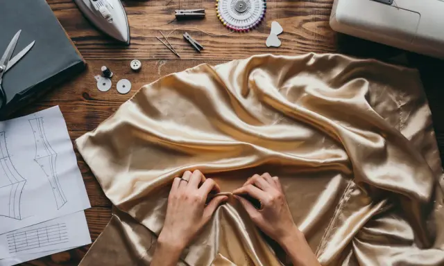 Manos ajustando tela dorada, lista para un diseño con punto jacquard. Patrones, tijeras y máquina de coser a la vista.