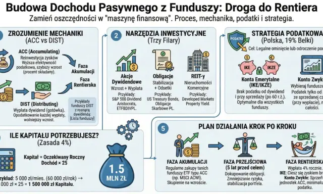Jak zainwestować 500 tys. zł? Schemat budowy dochodu pasywnego z funduszy: od akumulacji, przez narzędzia inwestycyjne, po fazę rentierską.
