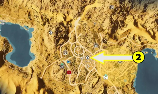 Mapa z gry Assassin's Creed. Żółta strzałka wskazuje cel misji w mieście.