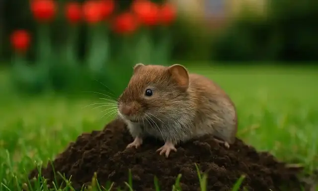 Mały karczownik siedzi na kopczyku ziemi w ogrodzie, wśród zielonej trawy i rozmytych czerwonych tulipanów.