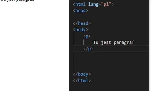 Kod html z tagami body i p. Tekst "Tu jest paragraf" wyświetlany w przeglądarce.