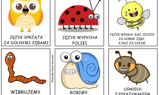 Zabawne gry logopedyczne dla 4 latka: sowa czyści zęby, biedronka wypycha policzki, pszczoła jeździ językiem, dżdżownica wibruje wargami, ślimak robi groźną minę, mrówka uśmiecha się z zębami.