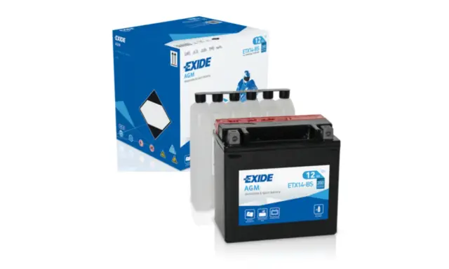 Akumulator Exide AGM, jeden z rodzajów akumulatorów samochodowych, gotowy do montażu. W zestawie elektrolit.