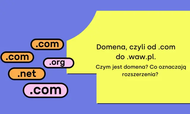 Etykiety z rozszerzeniami domen (.com, .org, .net) na niebieskim tle, obok żółtego prostokąta z tekstem.
