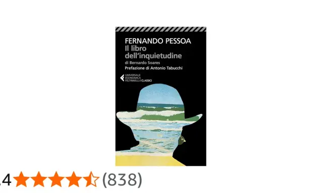 Copertina de "Il libro dell'inquietudine" di Fernando Pessoa, con un'illustrazione di un paesaggio marino dentro un profilo di cappello.
