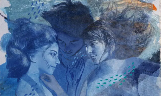 Tre volti in blu, immersi in un'atmosfera onirica. La **perspiratio insensibilis** sembra evocata dalle gocce d'acqua e dalla fusione dei corpi.