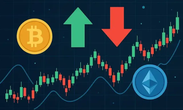 Wykresy świecowe pokazujące zmienność cen kryptowalut, z ikonami Bitcoina i Ethereum. Zielona strzałka w górę i czerwona w dół symbolizują sygnały kryptowalut.