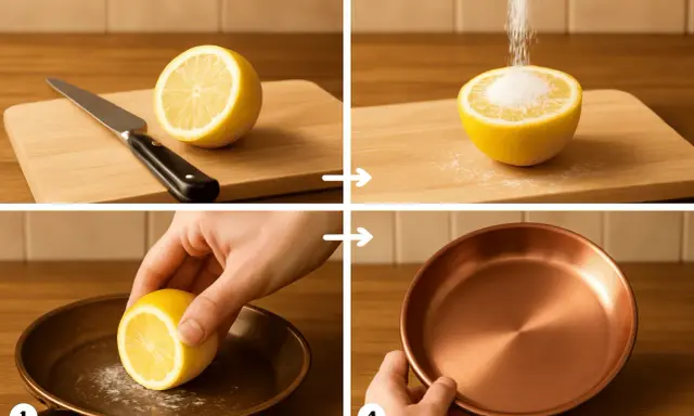 Pasos para limpiar el cobre: cortar limón, espolvorear sal, frotar con limón y ver el resultado brillante.