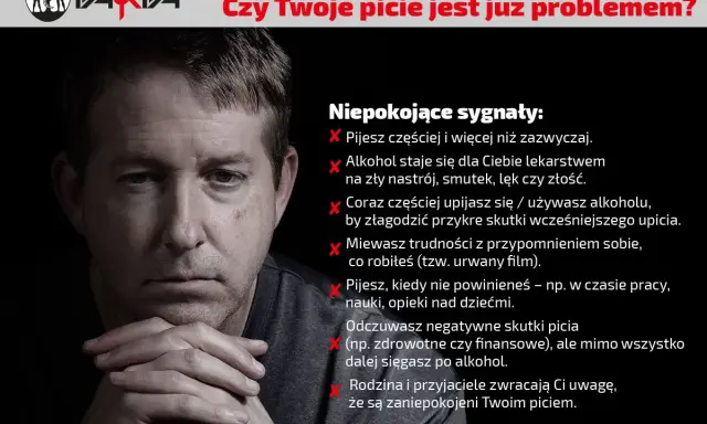 Zamyślony mężczyzna z dłońmi pod brodą. Obok lista sygnałów ostrzegawczych, wskazujących na codzienne picie alkoholu wieczorem jako problem.