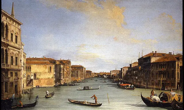 Peinture d'un canal à Venise avec des gondoles et des bâtiments historiques.