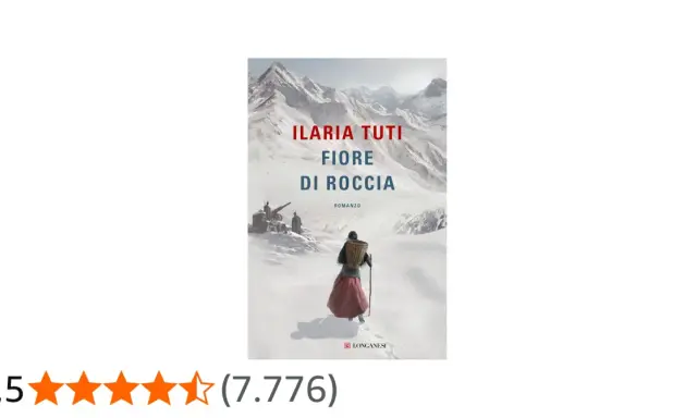 Copertina del romanzo "Fiore di roccia" di Ilaria Tuti. Una figura con un cesto in spalla cammina su un sentiero innevato, con montagne sullo sfondo.