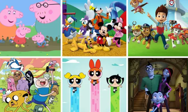 Collage de series animadas antiguas: Peppa Pig, Mickey y amigos, Paw Patrol, Hora de Aventura, Las Chicas Superpoderosas y Vampirina.