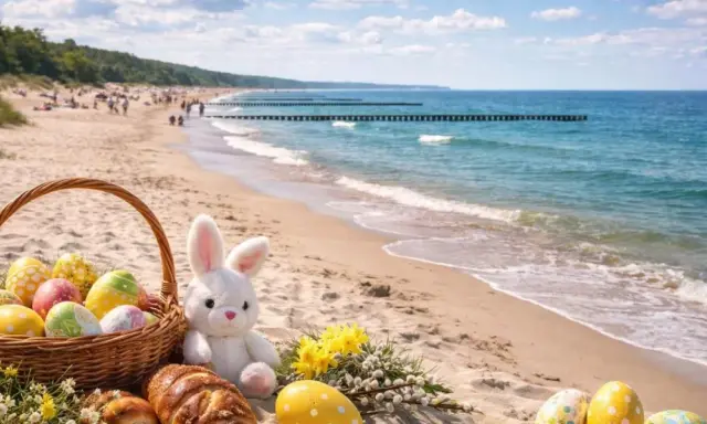 Koszyk z pisankami i zajączek na plaży. Idealne miejsce, gdzie spędzić święta wielkanocne w Polsce, nad Bałtykiem.