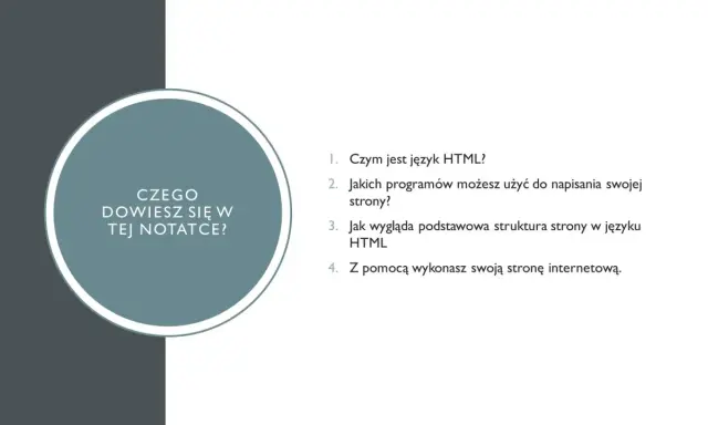 Grafika z tekstem "Czego dowiesz się w tej notatce?" i lista pytań o HTML.