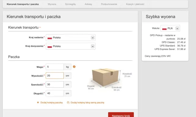 Formularz zamówienia przesyłki: kierunek transportu Polska-Polska, paczka o wadze 5 kg, wymiarach 20x30x40 cm. Szybka wycena pokazuje ceny usług kurierskich, np. DPD Pickup za 25.08 zł.