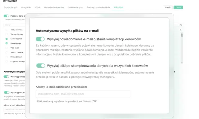 Ustawienia automatycznej wysyłki plików na e-mail. Status karty kierowcy jest widoczny w panelu.