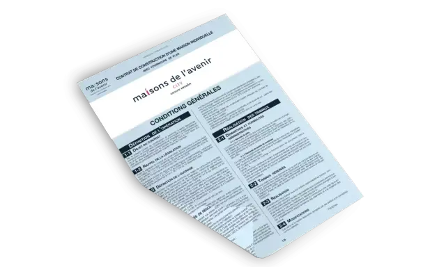 Contrat de construction d'une maison individuelle avec fourniture de plan. Conditions générales, définition de l'opération, rappel de la législation, définition de l'ouvrage, démarches administratives, travaux réservés, réalisation et modifications. CC...