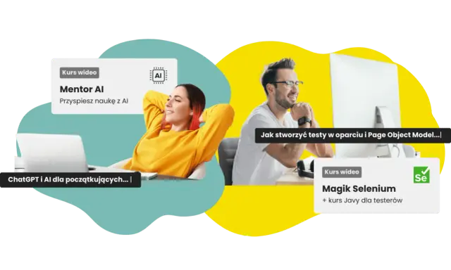 Kobieta z laptopem i kurs "Mentor AI", mężczyzna przy komputerze z kursem "Magik Selenium" - nauka tworzenia testów, w tym **automation qa**.