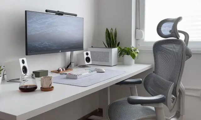 Installation poste de travail épurée avec écran, clavier, souris, enceintes blanches, plantes et chaise ergonomique grise.