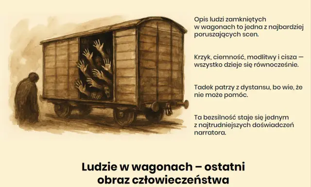 Ludzie w wagonie, błagające ręce. Tadek patrzy, wie, że nie może pomóc. "Proszę państwa do gazu" – krzyki, modlitwy, cisza.