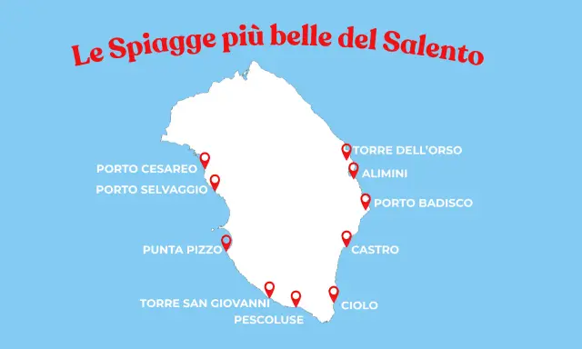 Mappa del Salento con pin che indicano le spiagge più belle: Porto Cesareo, Punta Pizzo, Torre San Giovanni, Pescoluse, Torre dell'Orso, Alimini, Porto Badisco, Castro, Ciolo.