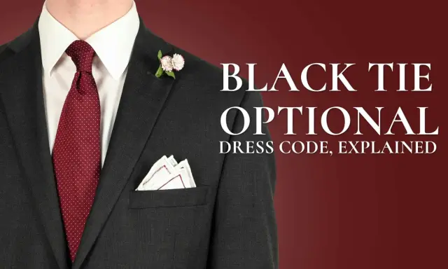 A man in a dark suit, white shirt, and red polka-dot tie, with a boutonnière and pocket square. Text reads "BLACK TIE OPTIONAL".