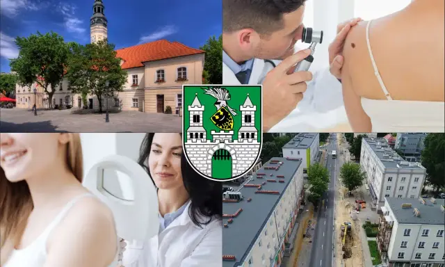 Kolaż: ratusz, lekarz badający znamię, herb miasta, pacjentka i widok ulicy.